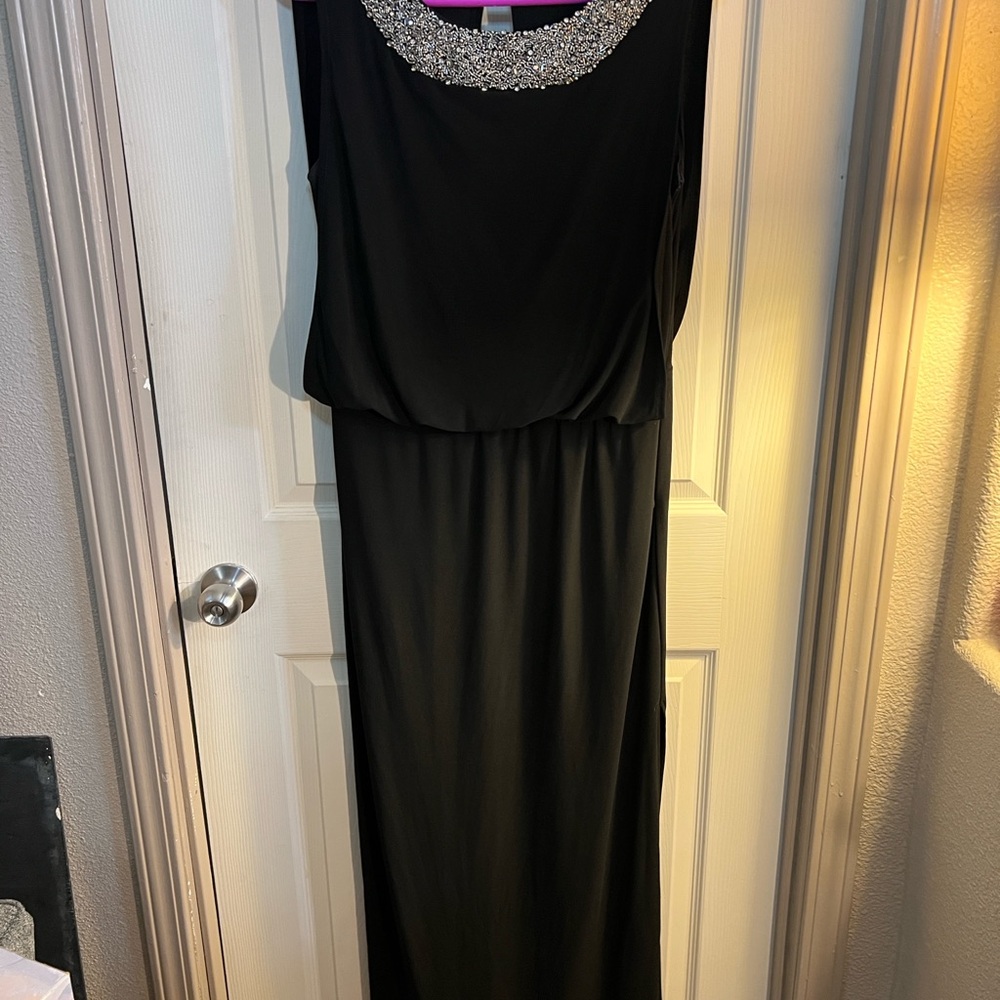R&M Richards Black Long Sleeve Dress with Embellished Neckline